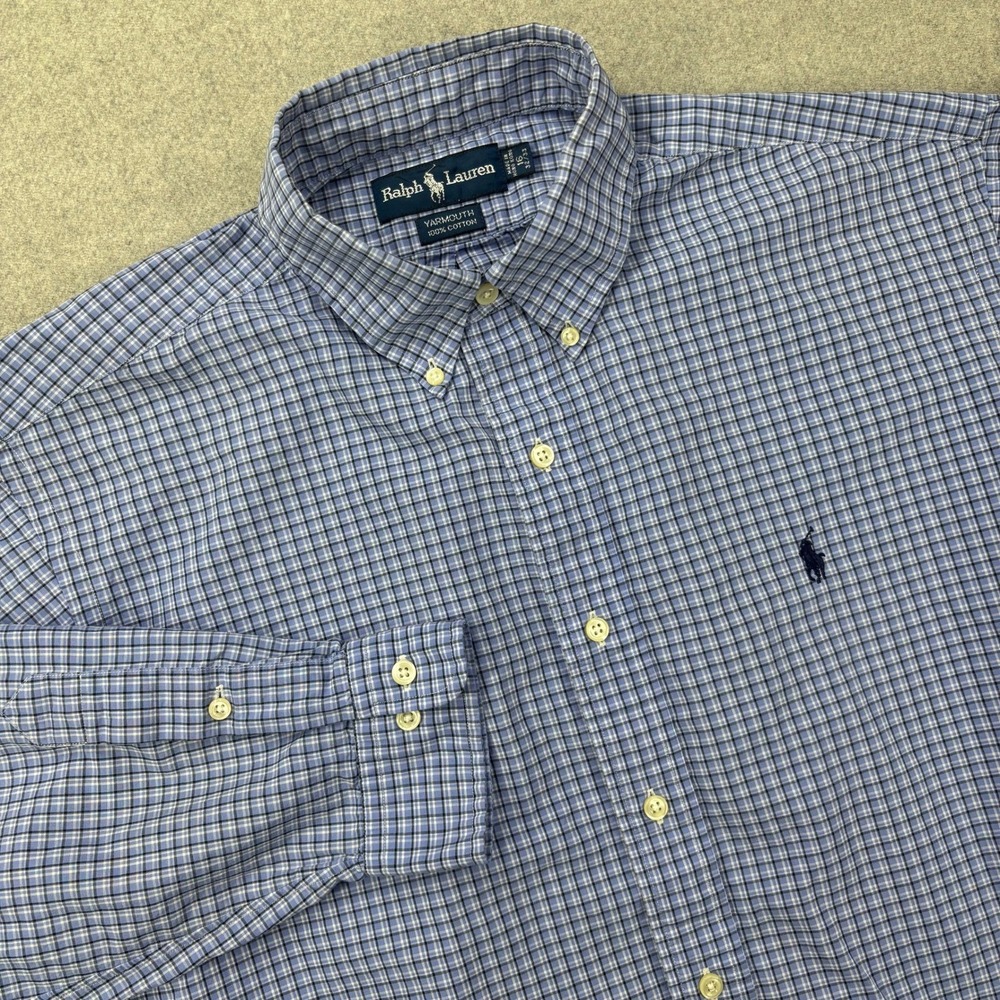 Vintage Y2K Polo Ralph Lauren Yarmouth Shirt Mens 16 32/33 (L) Blue Plaid Preppy